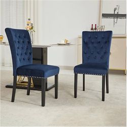 E872 $70  Velvet Dining Chairs Set of 2, Upholstered Dining Room Chairs with Wooden Legs & Nailed Trim, Parsons Kitchen Chair 350 LBS Capacity, Blue  