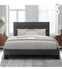 King Bed Frame Platform Bed with Fabric Upholstered Headboard and Wooden Slats Support, Fully Upholstered Mattress Foundation/No Box Spring Needed/Eas