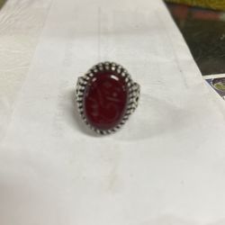 Silver Ring With A Nice Red Agate With Mantras For Good Lock 