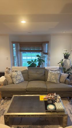 Gray Fabric Sofa with Nailhead Trim