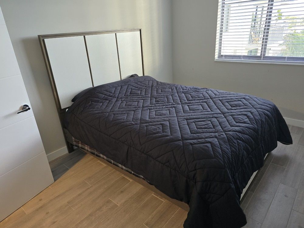 Queen Bed Frame with White Headboard + Mattress – Excellent Condition