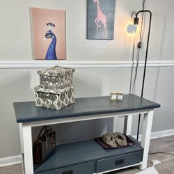 Solid Oak Wood Modern Two-Tone Entryway Console / TV Stand - White & Navy Gray