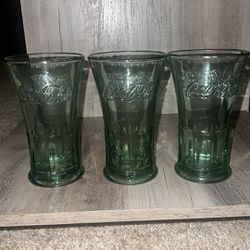 Coca Cola Set of 3 Vintage Green Drinking Glasses