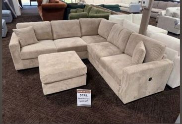 Beautiful! Sectional couch l sofa with ottoman camel color wide- welt corduroy