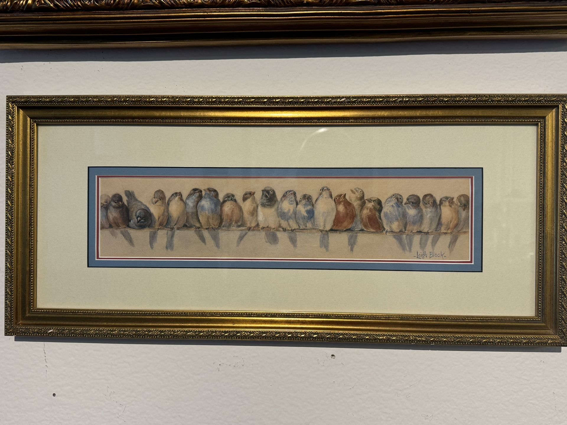 Original Watercolor Painting of Birds on a Wire – Signed by Leigh Block – Framed 24”x10”