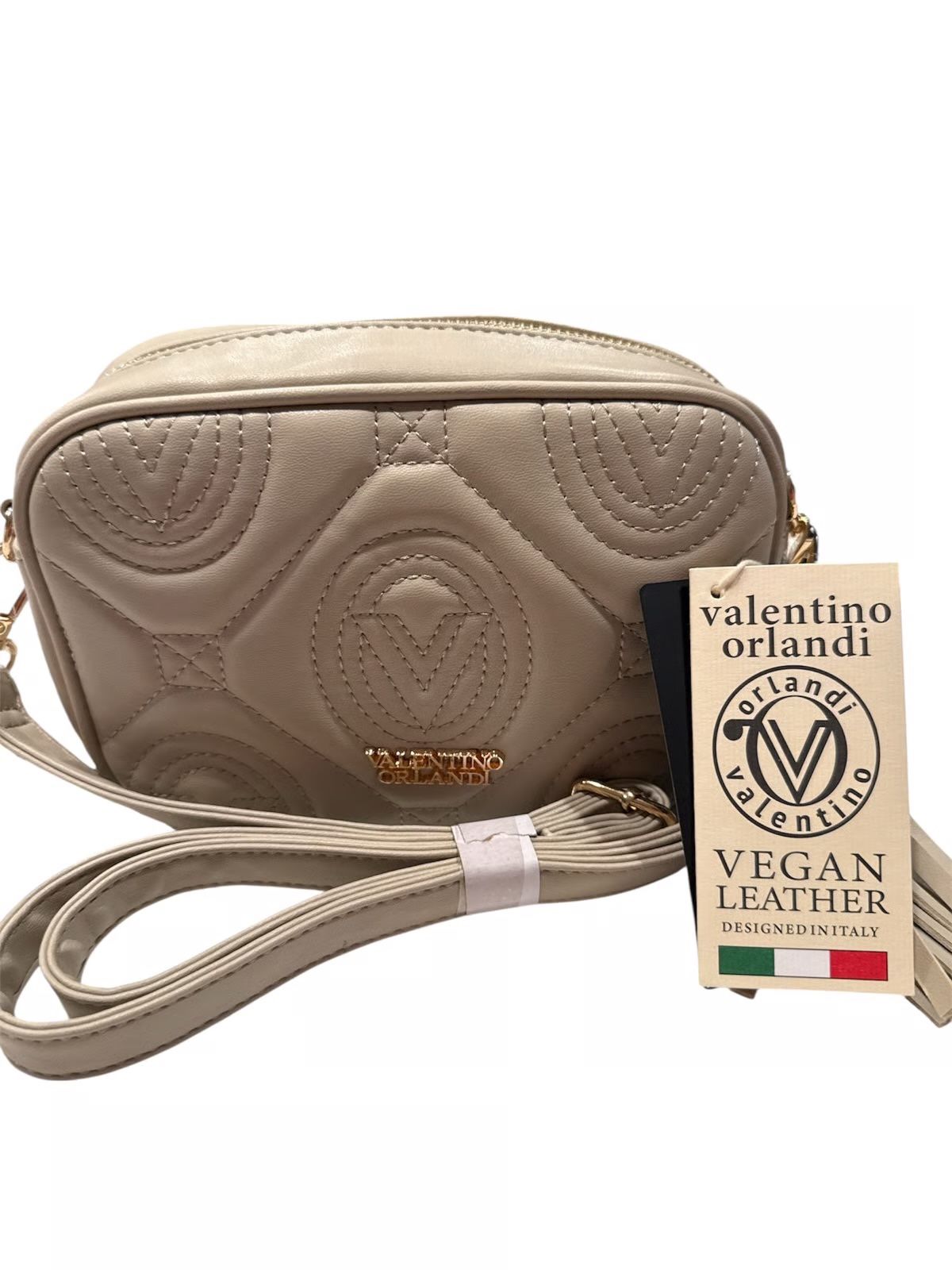 Valentino Orlandi Taupe Vegan Leather Quilted Crossbody Bag.