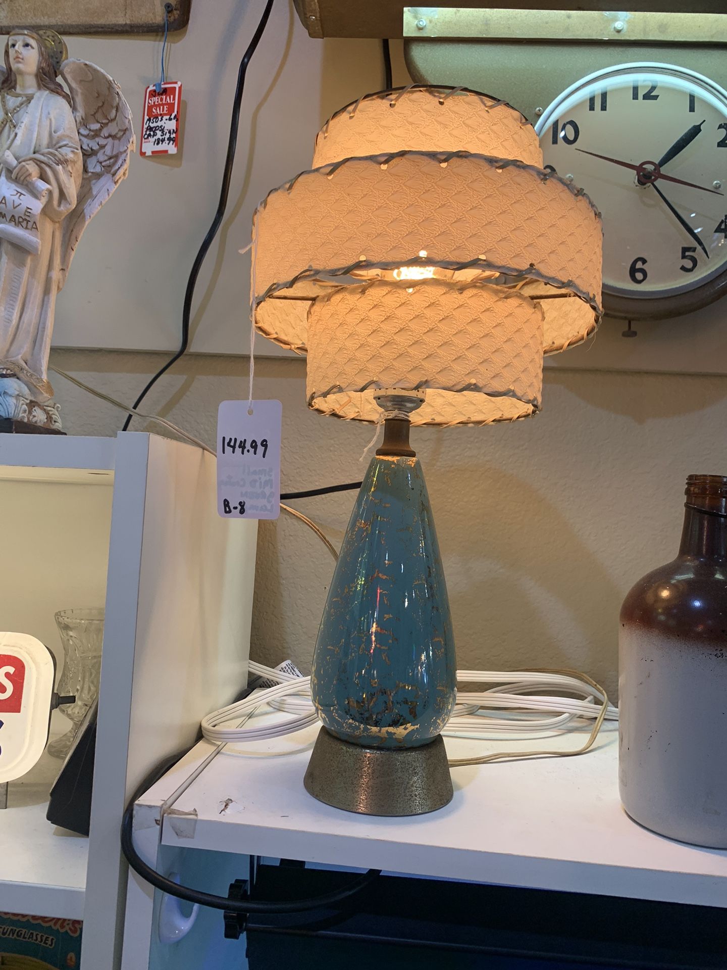 10x17 mid-century modern turquoise mini-lamp RARE. Fiberglass 3 tiered original shade. 149.99.  Johanna at Antiques and More. Located at 316b Main Str