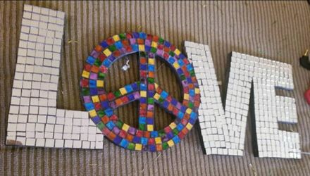 Handmade Mirror LOVE wall hanging (7 3/4" tall x 20" wide x 3/8" thick)
