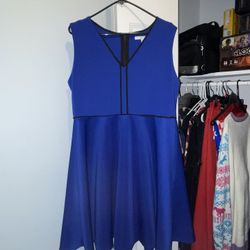 Blue Dress with Black Piping Details - Size XL - Midi Length Sleeveless