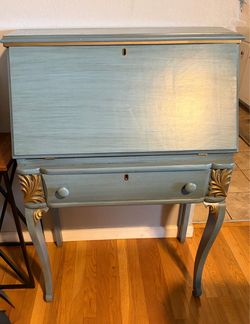 Vintage Blue Secretary Desk with Gold Accents. Read description 1st