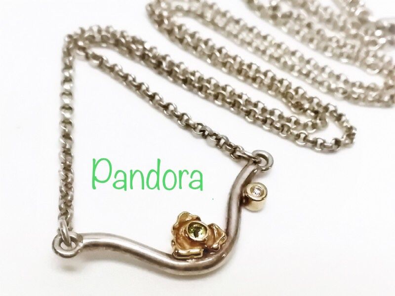 Retired & Rare Two-tone Pandora Peridot and Diamond Rose Flower Necklace (590320D-45)