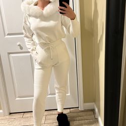 Real Fox Fur Collar Knit Set Winter Tracksuit Kit Hoodie Knit High Waist Pants