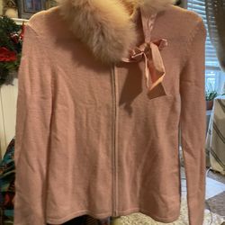 BLOOMINGDALES WOOL CASHMERE BLEND CARDIGAN W/ FAUX FUR COLLAR SZ petite small (g) 