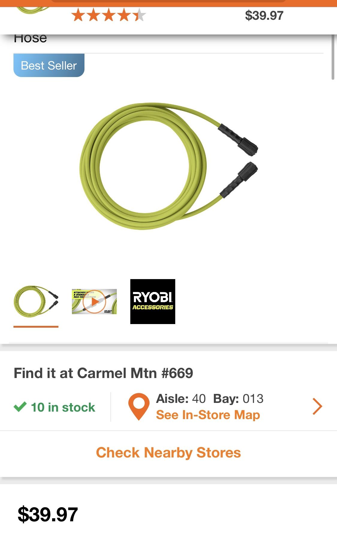 RYOBI 1/4 in. x 35 ft. 3,300 PSI Pressure Washer Replacement Hose