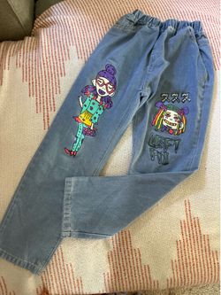 Girls Blue Denim Jogger Jeans Cartoon Graphic Print Size 120 or 8-10 Girls Elastic Waist
