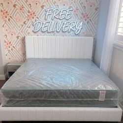 New KING Size Bed Frame Velvet Headboard White Bed Frame With Mattress And Box Springs Set FREE DELIVERY 