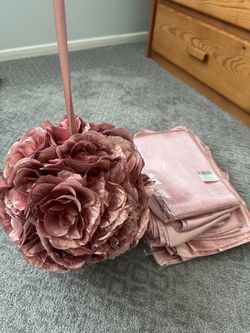 Rose gold chair sashes, table runners & floral ball