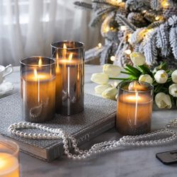 S/3 Flickering Flameless LED Candles Battery Operated with Timer, Remote Control, LED Pillar Candles - Smoked