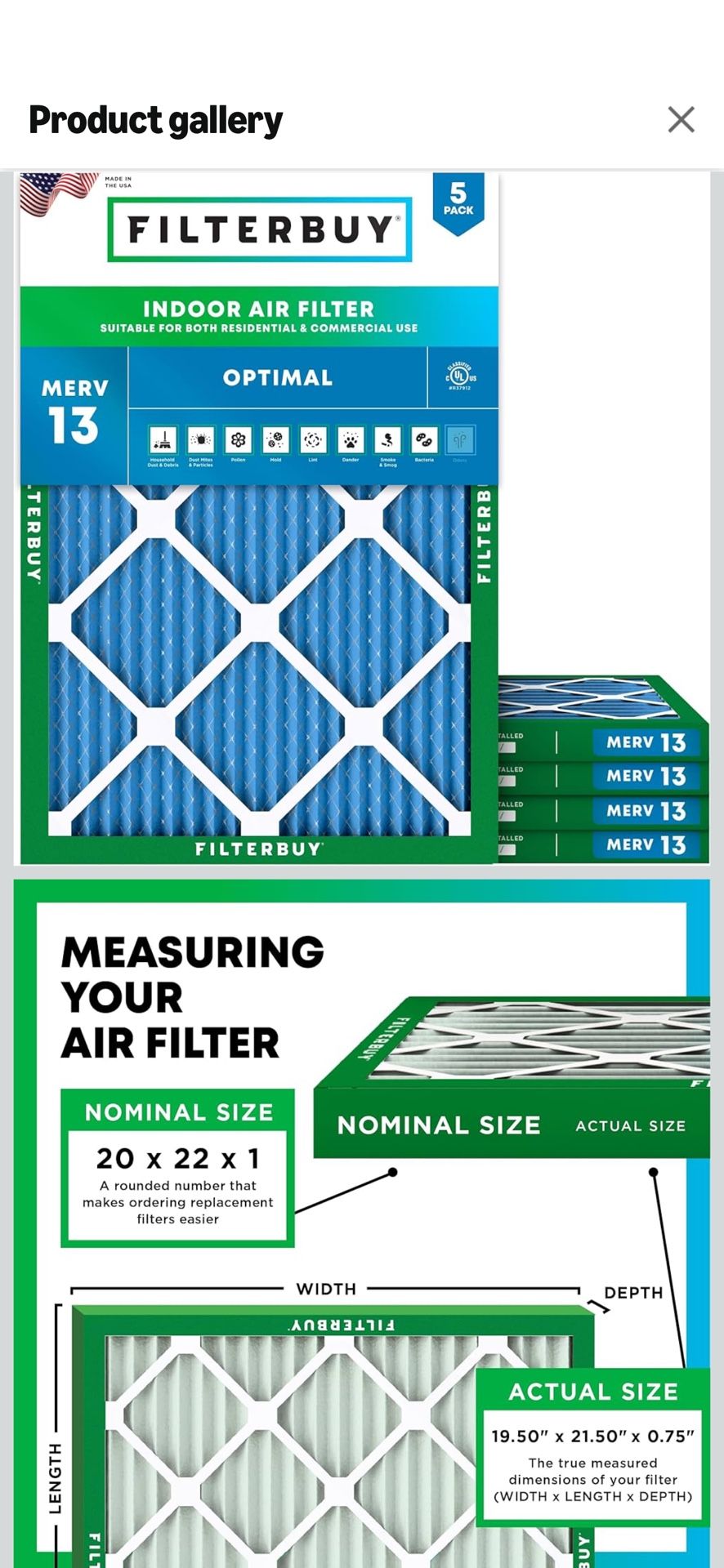 Filterbuy 20x22x1 Air Filter MERV 13 Optimal Smoke & Allergy Defense (5-Pack), Electrostatic Pleated HVAC AC Furnace Filters Replacement, Made in USA