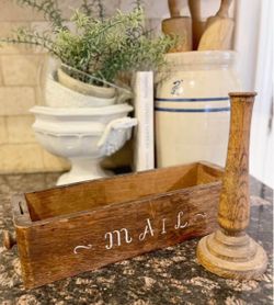 Antique Wood Sewing Machine Drawer Vintage Sewing Drawer Display mail box & wood candle stick