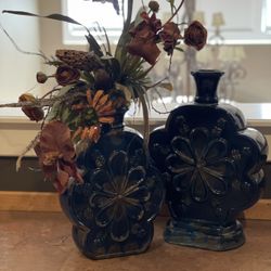 Frontgate Pair of Blue Vases w/Floral Arrangement