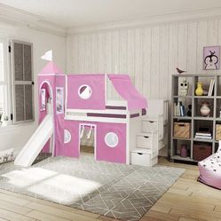 Princess Twin Low Loft Bed With Slide And Stairway Drawers!! 