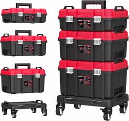 2440g $60  3-in-1 Stackable Rolling Tool Box with Wheels, Modular Tool Organizer Waterproof Portable Tool Box,Upper Partition Tray,Secure Lock,360° Lo