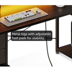 66" L Shaped Computer Desk, 113“ Reversible Home Office Desk with File Cabinet & 4 Fabric Drawers, Two Person Desk with LED Lights & Power Outlet, Cor