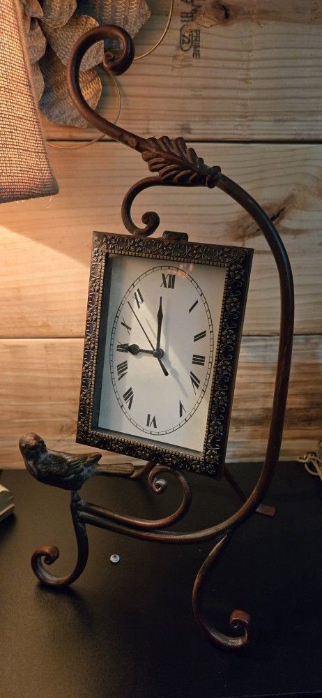 Wrought Iron Clock On Easel With Bird.