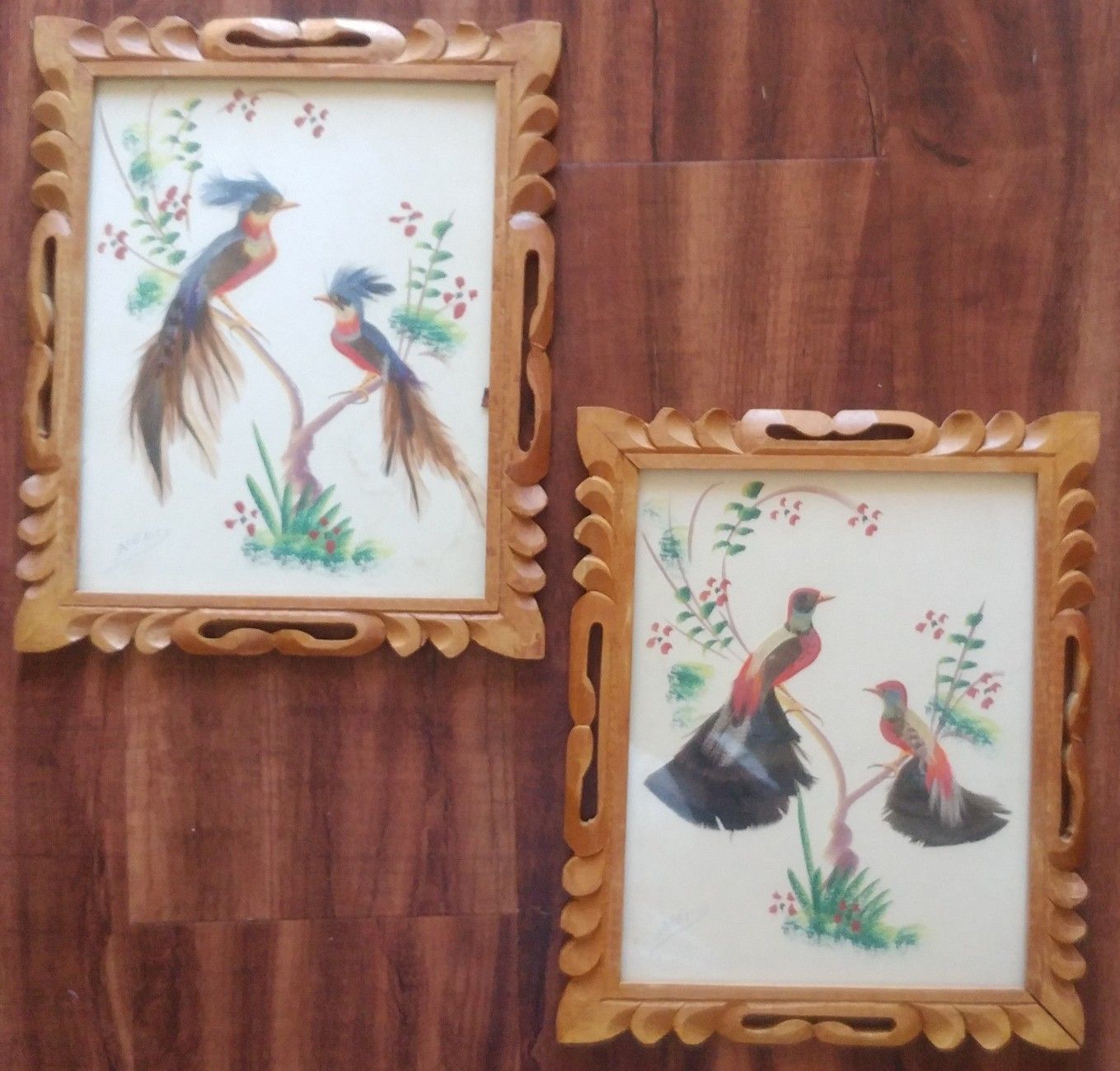 Vintage Mexican Folk Art Feathercraft with Carved Wood Frames