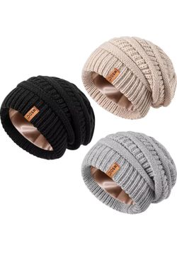 3 Pack Satin Lined Beanie for Women, Warm Slouchy Winter Hats with Silk Lined, Fashionable Oversized Cable Knit Hat Skull Cap
