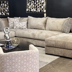Large Chenille Sectional With Decorative Pillows