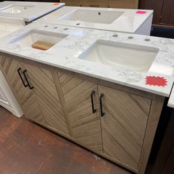 Glacier Bay Huckleberry 48 in. Double Sink Weathered Tan Bath Vanity with White Engineered Marble