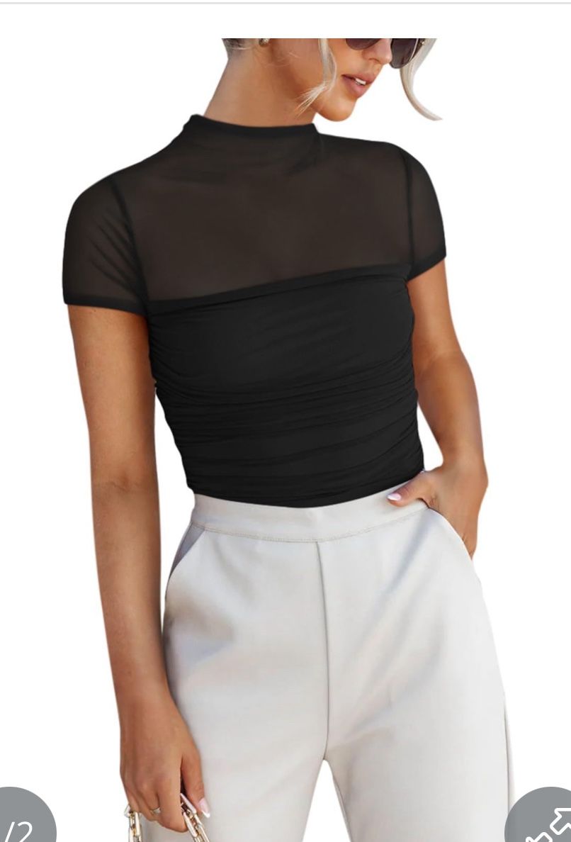 REORIA Sexy Bodysuits For Women Classic Mock Turtle Neck Short Sleeve Slim Fit Shirts Sheer Mesh Ruched Trendy Going Out 