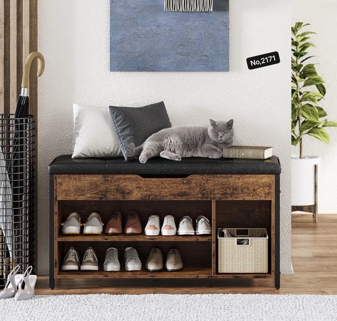 39“W,Shoe Bench, Lift Top Shoe Storage Bench, Adjustable Shelf Entryway Bench, Metal and Wood Shoe Rack Organizer with Cushion for Entry, Bedroom, Clo