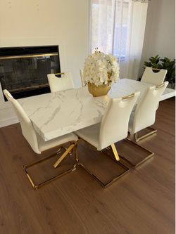 Faux Marble Top Dining Table 6,70” With 6 Gold Stainless Steel Legs  Chairs