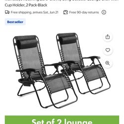Mainstays Reclining Zero-Gravity Sling Outdoor Lounge Chair with Cup Holder, 2 Pack-Black