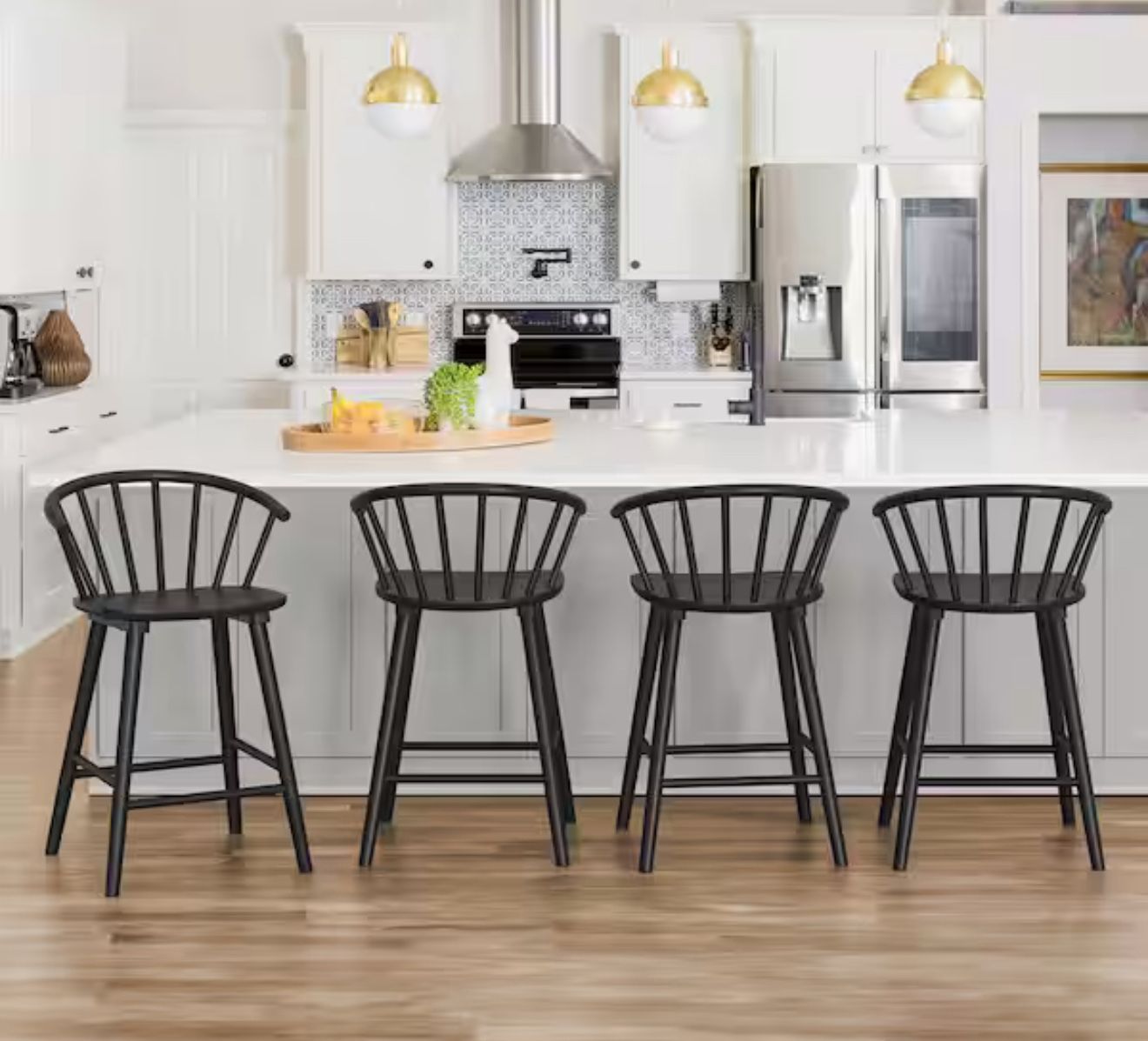 Winson Windsor 24 in.Black Solid Wood Bar Stool for Kitchen Island Counter Stool with Spindle Back Set of 4