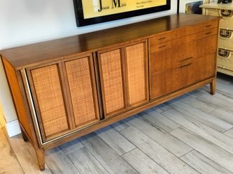 Mid Century Paul McCobb Style, West Michigan Furniture Company Lowboy Dresser Credenza With Interchangeable Panels (Cane or Wood).