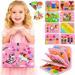 Toddler Busy Board Montessori Toys, Busy Book Educational Learning Toys for Toddler Girls, Activity Book Sensory Toy with Life Skills, Kids Travel Toy