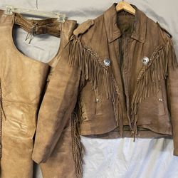 Men’s Lg Brown Leather Jacket & Chaps/Pants