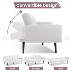 White Leather Futon Sofa, Convertible, Split Back Premium Faux Leather Sleeper Couch Sofa with Tapered Legs