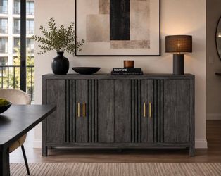 55" Sideboard Buffet Cabinet, Farmhouse Storage Buffet Cabinet With 4 Fence Doors & Gold Handle M-9, gray
