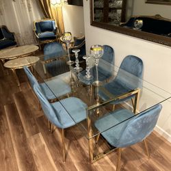 Blue Gold Velvet Glass Dining Set 