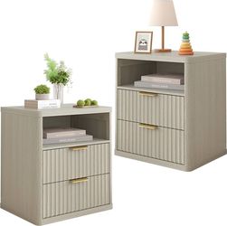 Piskyet Modern Night Stand Set of 2 Nightstands with 2 Drawer Storage,21.6" Wide Large Fluted Wooden Bedside Table End Table,Mid Century Night Stands 