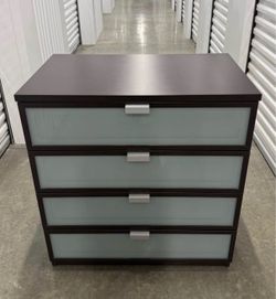 IKEA HOPEN BLACK BROWN 4- DRAWER OAK FINISH DRESSER FROSTED GLASS DRAWER FRONTS IN NEW CONDITION