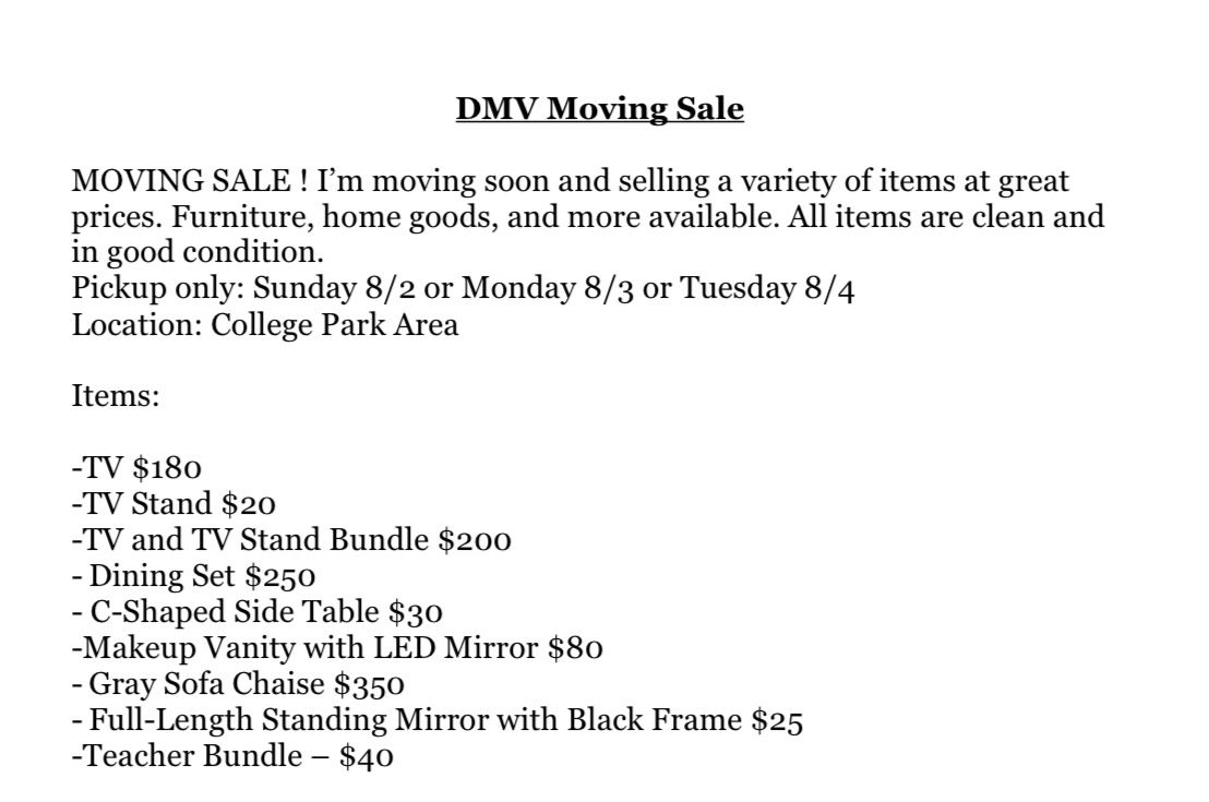 MOVING SALE 