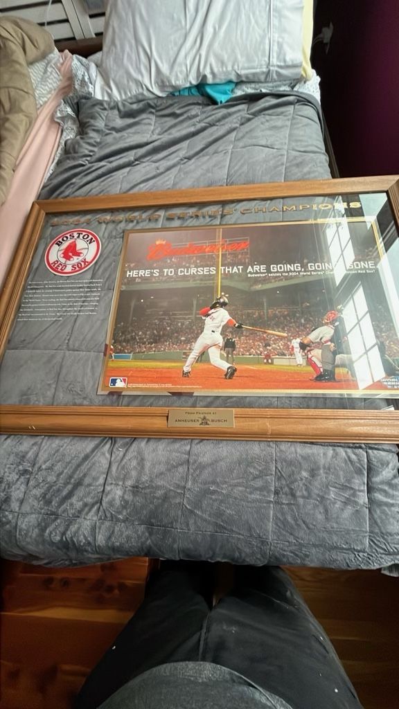 Large Budweiser Red Sox World Champs Bar Mirror, Heavy Item Glass Framed Has No Backing But Can Have Colored Backing Added On And Etching Will Pop