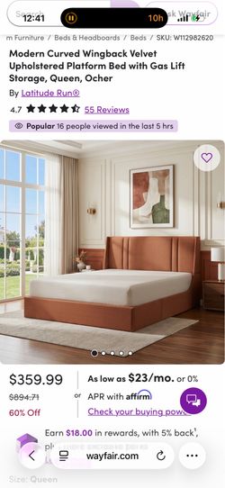 Modern Curved Wingback Velvet Upholstered Platform Bed with Gas Lift Storage, Queen,