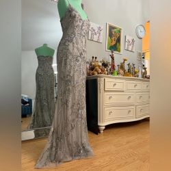 Aidan Mattox Silver Embellished Maxi Dress, US 4